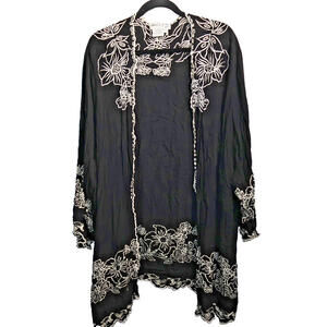 VTG Black Embroidered Flowers Cardigan Womens 5X Rayon Whimsigoth Boho Office